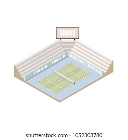 tennis court, grass cover isometric platform, vector illustration, game of tennis. Open area.  Low Poly