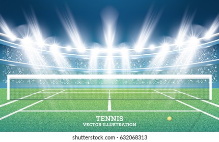 Tennis Court with Green Grass and Spotlights. Vector Illustration.