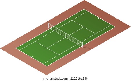 Tennis court with grid and shadow isometric view. Grass cover field. Vector illustration. Realistic tennis court illustration. The exact proportions