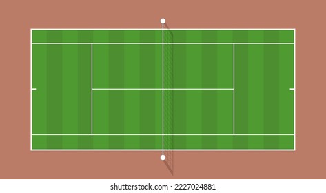 Tennis court with grid and shadow top view. Grass cover field. Vector illustration. Textured realistic tennis court illustration. The exact proportions