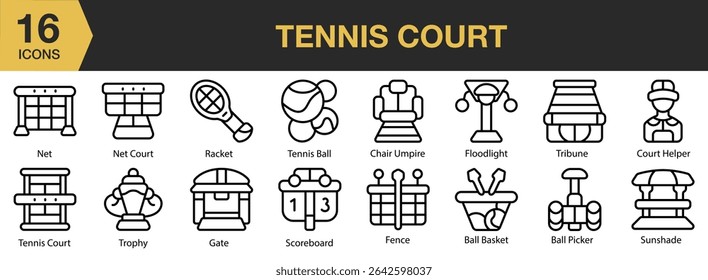Tennis Court icon set. Includes sport, game, competition, court, play, match, and More. Outline icons vector collection.
