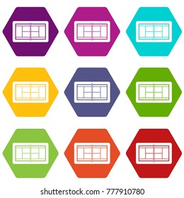 Tennis court icon set many color hexahedron isolated on white vector illustration