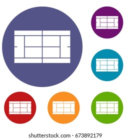 Tennis court icons set in flat circle reb, blue and green color for web