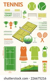 Tennis court. Info graphics set. Simple elements and symbols. Icons for your design. Set of tennis icons. Sports objects. 