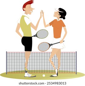 Tennis court. Man and woman play tennis.
Tennis court. Man and woman congratulate one another with a good game
