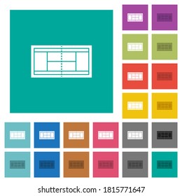 Tennis court multi colored flat icons on plain square backgrounds. Included white and darker icon variations for hover or active effects.