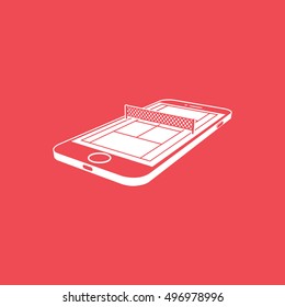 Tennis Court On Mobile Phone Display Flat Icon On Red Background