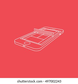 Tennis Court On Mobile Phone Display Line Icon On Red Background