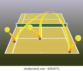 Tennis court  in perspective with balls. Vector illustration.