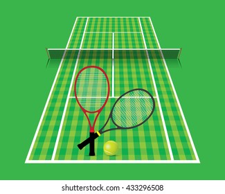 Tennis court with racket and ball vector, illustration.