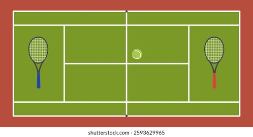 Tennis court with rackets and ball top view. Green lawn background, tournament and championship on match stadium. Banner design. Competitive arena cartoon flat isolated vector concept