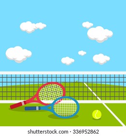 Tennis court with rackets and ball. Vector illustration
