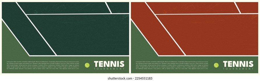 Tennis Court Set Template. Green and Red Design. Copy Space, Tournament, Event, Ad Concept. Editable Vector Illustration EPS. 