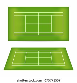 Tennis court set. Tennis court with trampled down grass. Top view and perspective view. Vector