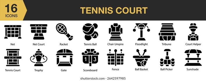 Tennis Court solid icon set. Includes sport, game, competition, court, play, match, and More. Solid icons vector collection.