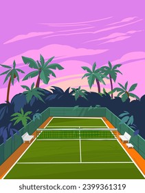 Tennis court. Summer resort. vector color illustration, background for poster, flyer, banner