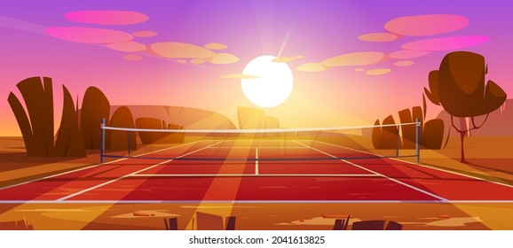 Tennis court at sunset. Sport field with net in center, red clay surface and white lines. Vector cartoon summer landscape with empty tennis pitch on lawn with trees and bushes at evening