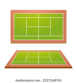 Pista de tenis. Vista superior y perspectiva del campo de tenis. Campo deportivo verde con marco marrón. Vector EPS 10