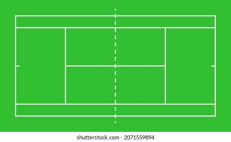 Tennis court top view. Badminton field. Graphic square for tennis court. Icon of wimbledon competition. White lines on green background. Illustration for sport pitch, plan and stadium. Vector.