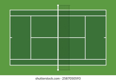 Tennis court top view vector - green grass field - shadow of the net