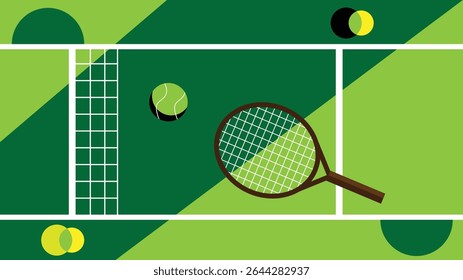 Tennis Court Tournament Background with Racket Green Field and Ball. Sports and recreation activity concept vector art