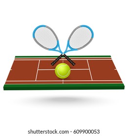 Tennis court, two tennis rackets and a ball. Sports betting. Isometric projection.