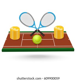 Tennis court, two tennis rackets and a ball. Stacks of coins on a tennis court - sports betting. Isometric projection.