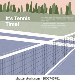 Ilustración plana vectorial de pista de tenis con espacio de texto y texturas. Estilo de vida activo, recorrido de tenis o diseño de afiches de campeonato. Mapa de los grandes torneos de tenis para medios sociales, tarjetas, web.