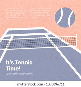 Tennis court vector flat illustration with text space and textures. Active lifestyle, tennis tourney or championship poster design. Big tennis tournament banner template for social media, cards, web.