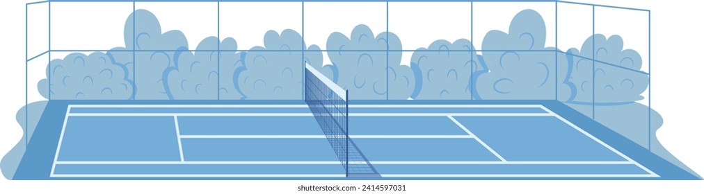 Tennis court vector illustration with blue hues, empty sports field. Minimalist design of outdoor tennis court, clear sky.