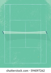 Tennis court vector illustration in modern vintage retro style. Grass surface with net in middle. Eps10 vector illustration.