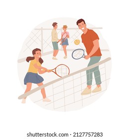 Tennis courts abstract concept vector illustration. Public tennis court, diverse people holding racquets, play together, neighborhood sport facility, community public place abstract metaphor.