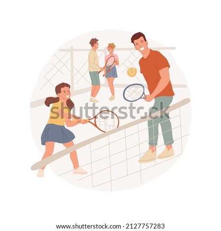Tennis courts abstract concept vector illustration. Public tennis court, diverse people holding racquets, play together, neighborhood sport facility, community public place abstract metaphor.