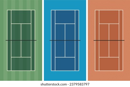 Tennis courts vector background. Top view of grass, hard and clay court texture. Set of different tennis court surface illustrations.