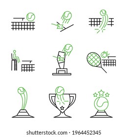 Tennis Cups, Referee, Ball, Racket And Field Icon Set. This Icon Is The Icon Symbols Of The Tennis Match. Sports Competition Icon Set. Editable Stroke. Logo, Web And App.