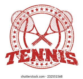 Tennis Design - Vintage is an illustration of a tennis design in vintage distressed style with a circle of stars. The distressed look is removable in the vector version of the art.