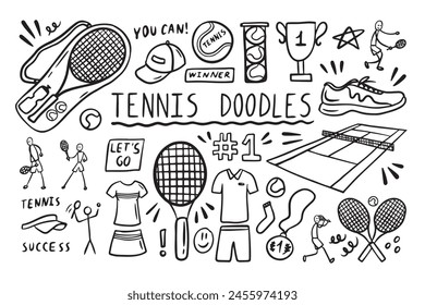 Juego de Elementos de garabato de tenis. Gran raqueta de tenis, pelota de tenis, copa de ganador. Estilo de esbozo dibujado a mano. Ilustración vectorial