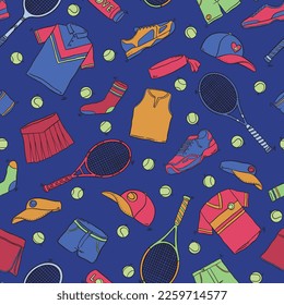 Tennisdoodle nahtloses Muster. Cartoon-Illustration, Vektorgrafik-Hintergrund. Für Druck, Textilien, Web, Wohnungsdekoration, Mode, Oberfläche, Grafikdesign