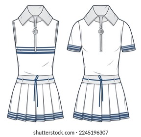 Tennis Dress technical fashion illustration. Pleated mini Dress fashion flat technical drawing template, pleated, ribbed collar and waistband, zipper closure, front view, white, CAD mockup set.