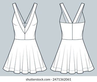 Tenis Vestido técnico ilustración de moda. Flare Dress Plantilla de dibujo técnico plano de moda, sin mangas, cuello bajo, mini longitud, vista frontal y posterior, blanco, mujeres Jersey Dress CAD mockup.