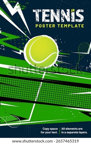 Tennis dynamic poster background with ball, net and copy space - vector illustration