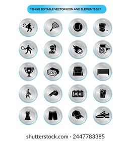 Tennis editable vector icon and elements set