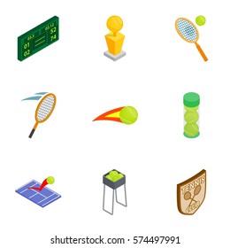 Tennis elements icons set. Isometric 3d illustration of 9 tennis elements vector icons for web