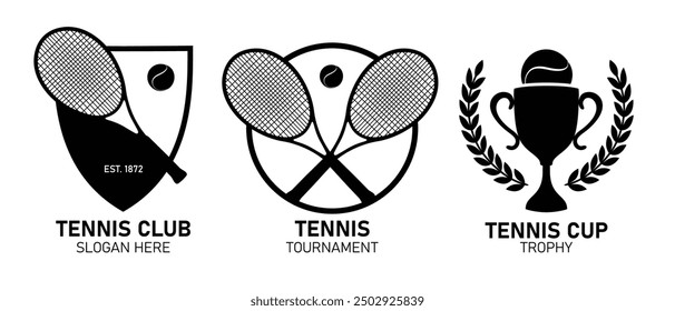 Colección de emblema de tenis - Conjunto de trofeo de copa de torneo de logotipo - insignias de Vector - raqueta y pelota