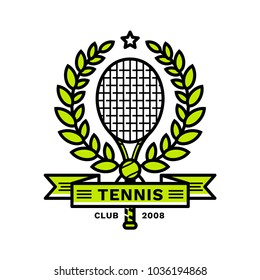 Tennis emblem, illustration, logotype, modern line style, green color, on a white background. A tennis racket framed by a laurel wreath with a star on top and a tennis ball and a ribbon at the bottom.