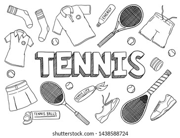 Tennis equipment doodle set. Vector illustration background. For print, textile, web, home decor, fashion, surface, graphic design