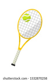 Tennis equipment flat vector illustration. Wooden racquet and small rubber ball isolated on white background. Competitive game, active recreation, racket sport symbols. Professional player accessories