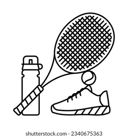 Tennis equipment icon - tennis racket, ball, sports footwear, water bottle. Composition minimalist linear style. Sport, equipment, game and competition. Modern illustration, editable strokes