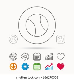 Tennis equipment icon. Sport ball sign. Team game symbol. Calendar, Graph chart and Cogwheel signs. Download and Heart love linear web icons. Vector