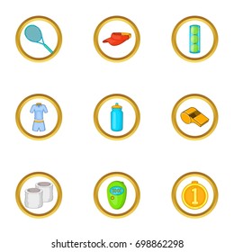 Tennis equipment icons set. Cartoon illustration of 9 tennis equipment vector icons for web design